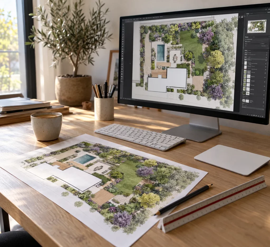 Plan de jardin en cours de conception avant la demande de devis aux paysagistes